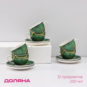Сервиз чайный Доляна "Малахитовая шкатулка", 12 предметов: 6 чашек 250 мл, 6 блюдец d=15 см