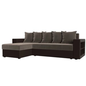 Угловой диван "Дубай лайт", еврокнижка, угол левый, велюр коричневый / экокожа коричневый