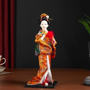 Кукла коллекционная "Гейша в оранжевом кимоно с веером"