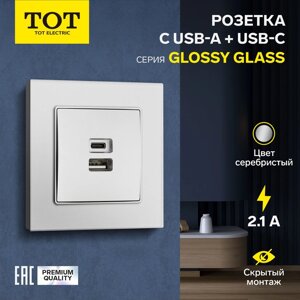 Розетка с USB-A + USB-C разъёмами, 2.1 A, 5В, TOT Glossy Glass, скрытая, стекло, серебристая 10439