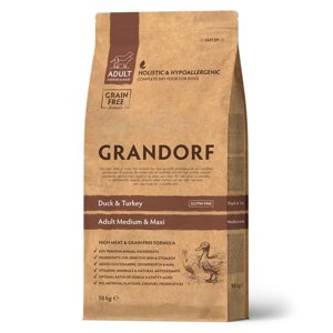 Сухой корм Grandorf для взр. собак крупных и ср. пород, утка/индейка/рис, низкозерновой,10 кг