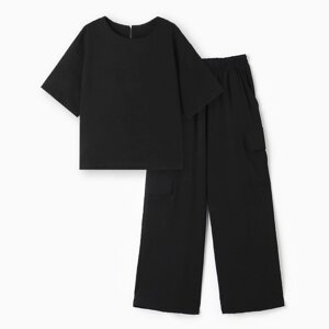 Костюм для девочки (футболка, брюки), цвет чёрный, рост 146 см