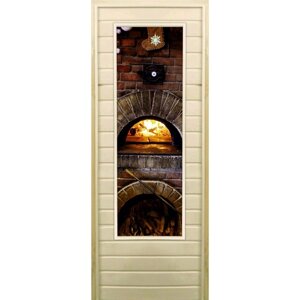 Дверь для бани со стеклом (43*129), "Печь", 17070см, коробка из осины