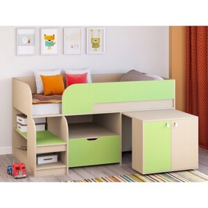 Детская кровать-чердак "Астра 9 V9", выдвижной стол, цвет дуб молочный/салатовый