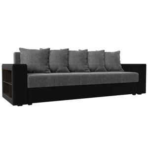 Прямой диван "Дубай лайт", еврокнижка, полки слева, цвет рогожка серый / экокожа чёрный