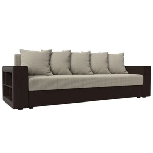 Прямой диван "Дубай лайт", еврокнижка, полки слева, рогожка корфу 02 / экокожа коричневый