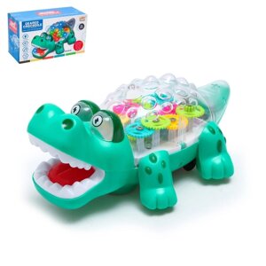 Крокодил "Шестерёнки", свет и звук, работает от батареек, цвет зелёный