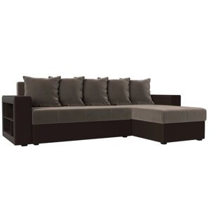 Угловой диван "Дубай лайт", еврокнижка, угол правый, велюр коричневый / экокожа коричневый