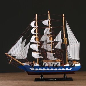Корабль сувенирный большой "Рион", борта сине/чёрные, паруса бежевые с полосами, 50х44х10 см