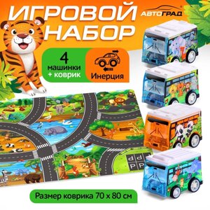 Игровой набор "Зоопарк", 4 инерционные машинки, коврик-дорога