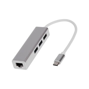 Type-C-разветвитель (HUB), 3 порта USB, порт ethernet, кабель 10 см, серебристый