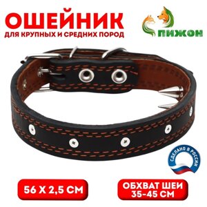 Ошейник кожаный "Строгий шип", 56 х 2.5 см, ОШ 35-45 см, чёрный