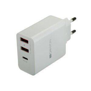 Сетевое зарядное устройство Canyon H-08, 2 USBB/USB-C, 2.4 А, 30 Вт, быстрая зарядка, белое