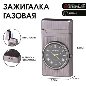 Зажигалка газовая с часами, пьезо, регулировка пламени, 1.5 х 3,7 х 6.8 см