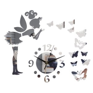 Часы - наклейка "Фея с бабочками", 60 х 60 см, 1 ААА, серебро