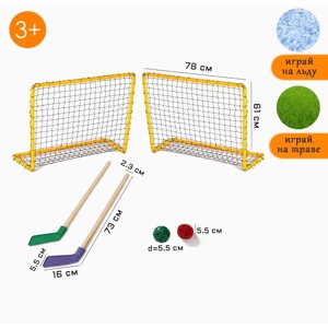 Хоккейный набор: 2 клюшки, 2 ворот с сеткой, шайба, мячик, в коробке, микс