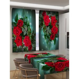 Фотошторы для кухни "Яркие красные розы", размер 150x180 см, габардин