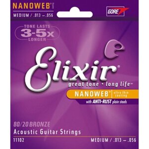 Струны для акустической гитары Elixir 11102 NANOWEB, Medium, бронза 80/20, 13-56