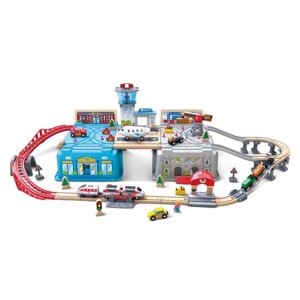 Железная дорога для детей "Мега Метрополис", 80 предметов в контейнере, поезд на батарейках 781894