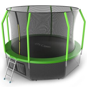 Батут EVO JUMP Cosmo 12 ft, d=366 см, с внутренней защитной сеткой и лестницей + нижняя сеть, зелёный