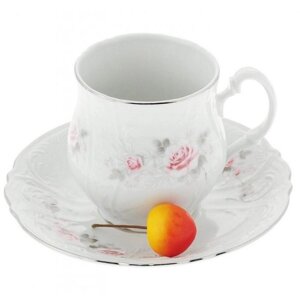 Чашка для чая 310 мл с блюдцем 160 мм Bernadotte "Бледные розы, отводка платина", 160 мм