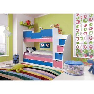 Кровать детская двухъярусная "Юниор-9", 2430 850 1750 мм, белый / синий / ярко-розовый