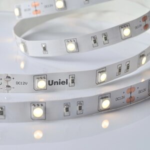 Светодиодная лента на самоклеящейся основе Uniel, IP20, 5 м, 5050, 30 LED/м, 7,2 Вт/м, 12 В, 3000К, свечение тёплое