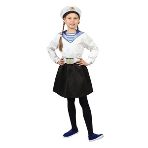 Карнавальный костюм "Морячка в бескозырке" для девочки, белая фланка, юбка, ремень, р. 32, рост 110-116 см
