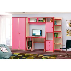 Набор мебели для детской "Юниор 11.3", 2790 540 1850 мм, дуб молочный / ярко-розовый