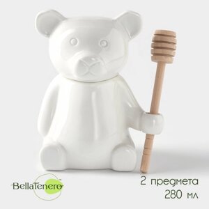 Ёмкость для меда фарфоровая с ложкой BellaTenero "Мишка", 280 мл, 9,512 см, цвет белый