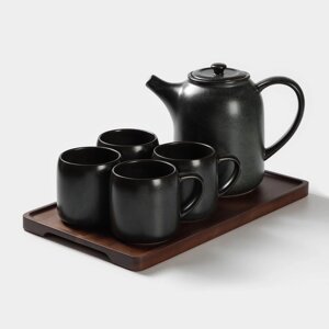 Набор керамический чайный Loft, 6 предметов: чайник 1 л, 4 кружки 250мл, поднос 3320 см, цвет чёрный