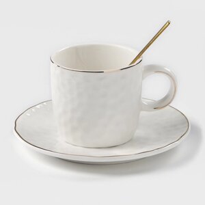 Чайная пара керамическая "Роскошь", 3 предмета: кружка 200 мл, блюдце d=15 см, ложка h=13 см, цвет белый