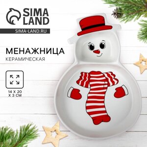 Новый год. Менажница "Снеговичок", 14 х 20 х 3 см