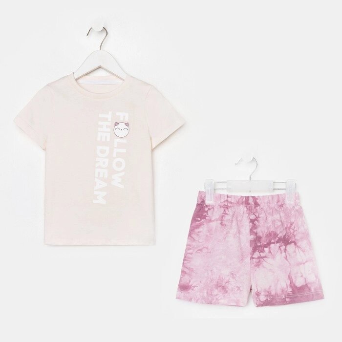 Пижама детская (футболка, шорты) KAFTAN "Dream" р. 36 (134-140), бежевый, лиловый тай-дай от компании Интернет-гипермаркет «MALL24» - фото 1