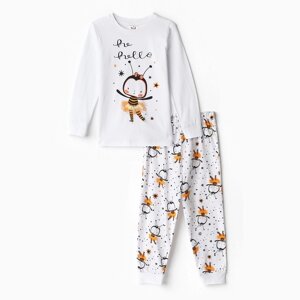Пижама для девочки (лонгслив/штанишки), цвет белая/пчёлка, рост 110см