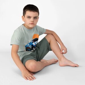 Пижама для мальчика: футболка и шорты "Симпл-димпл", рост 134 см, цвет серый, серо-зелёный