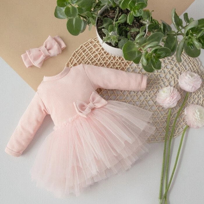Платье-боди с повязкой на голову детское, рост 56-62 см, цвет светло-розовый от компании Интернет-гипермаркет «MALL24» - фото 1