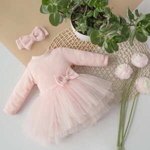 Платье-боди с повязкой на голову детское, рост 56-62 см, цвет светло-розовый
