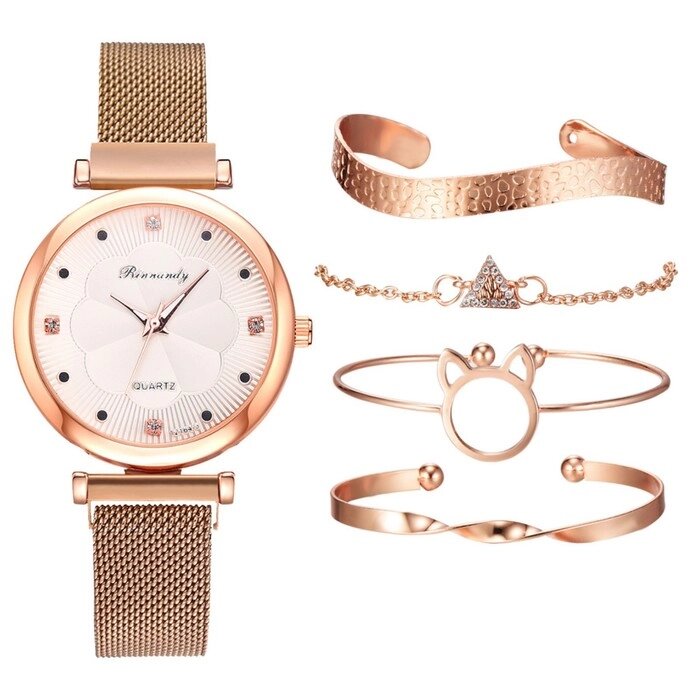 Подарочный набор 2 в 1 Rinnandy: наручные часы и 4 браслета, золото от компании Интернет-гипермаркет «MALL24» - фото 1
