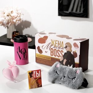 Подарочный набор "Жена, мама, босс", маска для сна, термостакан, спонж 2шт, открытка