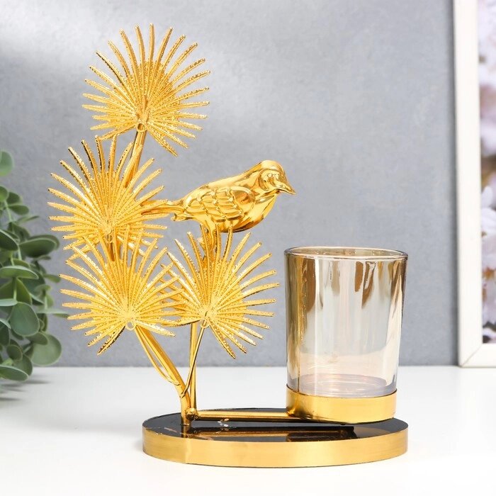 Подсвечник металл, стекло на 1 свечу "Птица на пальме" d-5 см, золото 8х16х19 см от компании Интернет-гипермаркет «MALL24» - фото 1