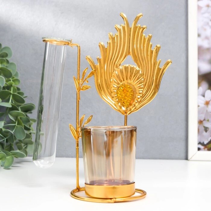 Подсвечник металл, стекло на 1 свечу с вазой "Золотое перо павлина" d-5 см, 7,5х12х17,5 см от компании Интернет-гипермаркет «MALL24» - фото 1
