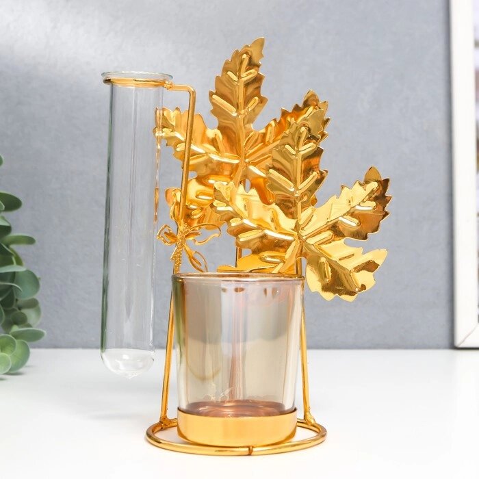 Подсвечник металл, стекло на 1 свечу с вазой "Золотые листья" d-5 см, 7,5х14х18,5 см от компании Интернет-гипермаркет «MALL24» - фото 1