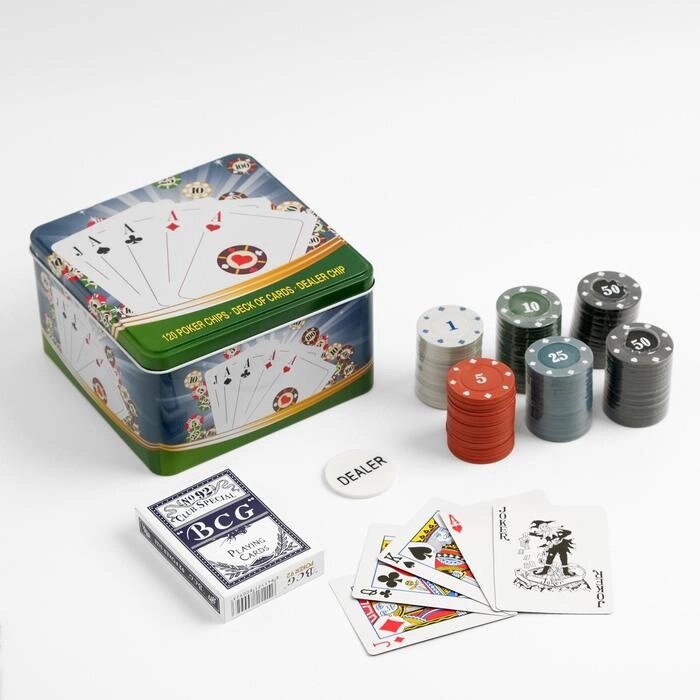 Покер, набор для игры (карты 54 шт, фишки 120 шт с номин.) 15х15 см, микс от компании Интернет-гипермаркет «MALL24» - фото 1