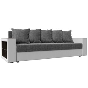 Прямой диван "Дубай лайт", еврокнижка, полки слева, цвет рогожка серый / экокожа белый
