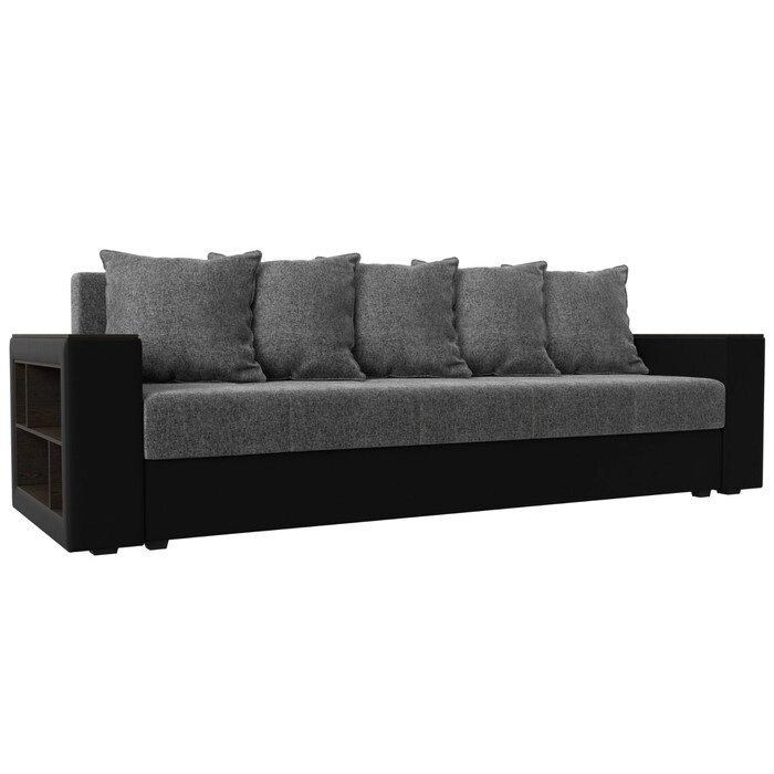 Прямой диван "Дубай лайт", еврокнижка, полки слева, цвет рогожка серый / экокожа чёрный от компании Интернет-гипермаркет «MALL24» - фото 1