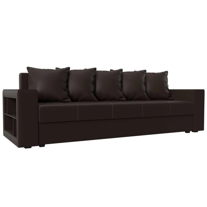 Прямой диван "Дубай лайт", еврокнижка, полки слева, экокожа, цвет коричневый от компании Интернет-гипермаркет «MALL24» - фото 1