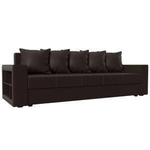 Прямой диван "Дубай лайт", еврокнижка, полки слева, экокожа, цвет коричневый
