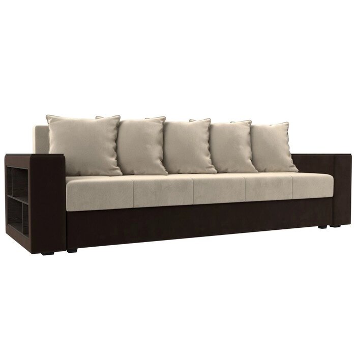Прямой диван "Дубай лайт", еврокнижка, полки слева, микровельвет, бежевый / коричневый от компании Интернет-гипермаркет «MALL24» - фото 1