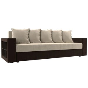 Прямой диван "Дубай лайт", еврокнижка, полки слева, микровельвет, бежевый / коричневый